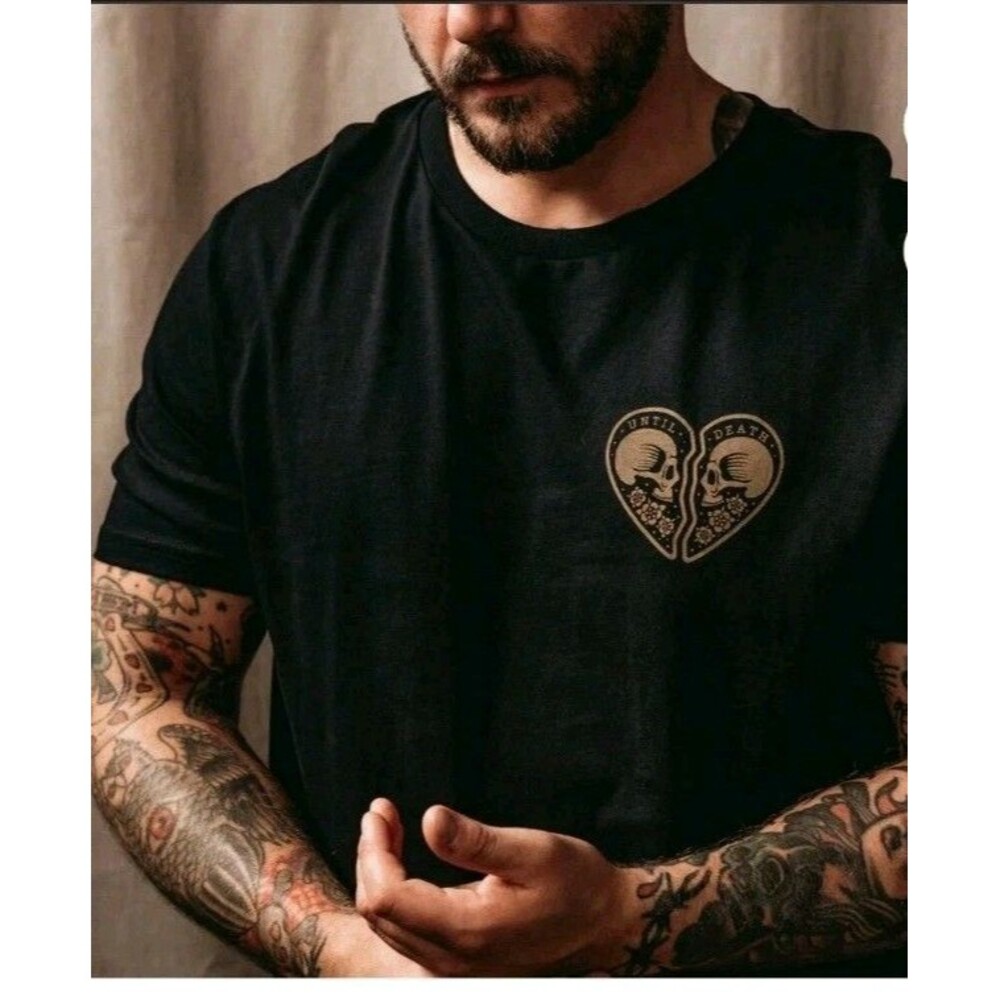 Gothic Black T-Shirt Until Death Emo Skull Heart Art Graphic Print Soft Unisex M